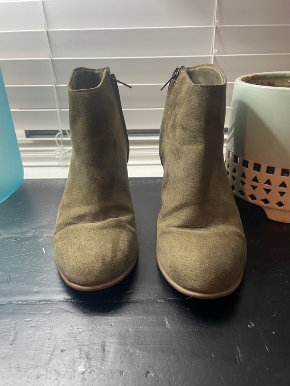 Old Navy Olive Suede Ankle Booties with Stacked Heel - Picture 2 of 7